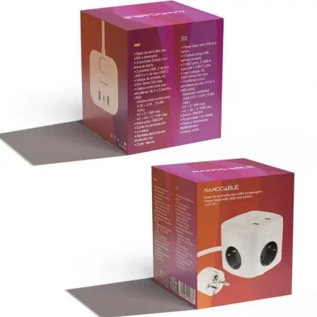 Nanocable Regleta Cubo con 3 Enchufes y 3 USB (2 USB-A + 1 USB-C), GaN, Blanco